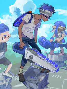 1girl 2boys ankle_boots black_eyes black_pants black_shorts blue_hair blunt_bangs boots brown_shoes cloud collarbone crossover dark-skinned_male dark_skin earrings full_body ganji_gupta headband heavy_splatling_(splatoon) height_difference holding holding_weapon hunched_over identity_v ink_tank_(splatoon) inkling jewelry looking_ahead looking_at_another male_focus mask michiru_(amphibian) mouth_mask multiple_boys nintendo pants pink_boots pointy_ears red_eyes shirt shoes shorts sky socks solid_circle_pupils splatana_stamper_(splatoon) splatoon_(series) splatoon_3 tentacle_hair torn_clothes weapon white_shirt yellow_socks