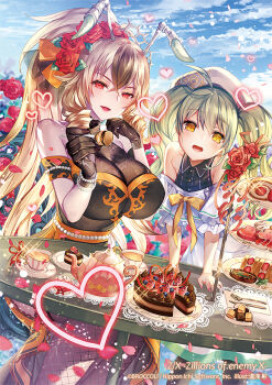 2girls antenna_hair antennae arthropod_girl bare_shoulders bee_girl black_dress black_gloves black_hair black_shirt black_thighhighs blonde_hair blue_sky bracelet breasts cake chair chocolate_cake cloud cloudy_sky copyright_notice cup curly_hair domeki_kisara dress fishnet_thighhighs fishnets flower food fork fruit gloves green_hair hair_between_eyes hair_flower hair_ornament hands_on_table heart high_ponytail holding holding_fork insect_girl jewelry knife large_breasts long_hair multicolored_dress multicolored_hair multiple_girls official_art on_chair open_mouth orange_dress outdoors pink_nails pink_petals plate ponytail red_eyes red_flower red_petals red_rose rose see-through_cleavage see-through_clothes shirt sitting sky standing strawberry sweets table tea_party tea_set teacup teapot thighhighs tiered_tray twintails very_long_hair vesparose white_dress white_hair yellow_eyes yuasa_akira z/x