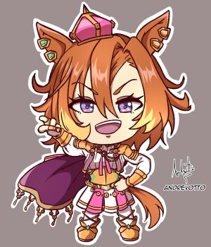 1girl andrevotto animal_ears armor boots breasts cape chibi corset crown gold_armor gold_boots hair_between_eyes highres horse_ears horse_girl horse_tail jewelry long_sleeves looking_at_viewer mini_crown multiple_rings open_mouth orange_hair orange_tail pink_cape pink_crown purple_eyes ring shirt short_hair shoulder_armor simple_background skirt smile solo t.m._opera_o_(o_sole_suo!)_(umamusume) t.m._opera_o_(umamusume) tail teeth thighhighs two-tone_skirt umamusume upper_teeth_only white_shirt white_thighhighs