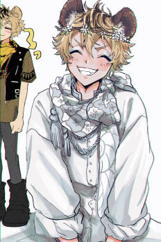 Rule 34 | 1boy, 7skk, = =, ^ ^, animal ear fluff, arms between legs, bandana, bandana around neck, black boots, black jacket, black trim, blonde hair, blush, blush stickers, boots, bow, brown shirt, closed eyes, commentary request, cowlick, cropped jacket, eyeshadow, facing viewer, film grain, flower, full body, grey eyeshadow, grey pants, grey scarf, grin, head tilt, head wreath, highres, hyena boy, hyena ears, jacket, leather, leather jacket, makeup, male focus, multicolored hair, multiple necklaces, multiple views, oversized clothes, pants, pants tucked in, print scarf, roots (hair), ruggie bucchi, ruggie bucchi (gala couture), savanaclaw dorm uniform, scarf, scarf bow, shirt, short hair, simple background, sleeveless, sleeveless jacket, sleeves rolled up, smile, tassel, twisted wonderland, upper body, v-shaped eyebrows, white background, white flower, white pants, white shirt, yellow bandana