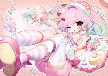 Rule 34 | 1girl, 2000s (style), bow, bowtie, candy, commentary, dessert, donut, donut bracelet, food, food-themed clothes, fruit, gradient hair, green hair, headphones, heisei retro, highres, kmnk (kumanuko), lollipop, looking at viewer, multicolored hair, one eye closed, open mouth, original, pastel colors, pink eyes, pink hair, pink shoes, pink shorts, polka dot, polka dot background, shirt, shoes, shorts, single thighhigh, socks, strawberry, striped clothes, striped socks, sweets, symbol-only commentary, thighhighs, twintails, white thighhighs, yume kawaii