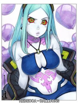 1girl alternate_breast_size_(larger) aqua_hair artist_name balloon bare_shoulders bikini bikini_under_clothes black_jacket blue_bikini border breasts brown_jacket cleavage colored_sclera colored_skin cyberpunk:_edgerunners cyberpunk_(series) earrings english_text green_eyes green_jacket green_trim head_tilt highres jacket jewelry large_breasts lips long_hair looking_at_viewer mechanical_eyes multicolored_jacket navel neck_tattoo omar_dogan open_mouth pink_tattoo protected_link purple_lips rebecca_(cyberpunk) red_pupils red_sclera scan signature simple_background sitting skin_seams solo stomach_tattoo swimsuit tattoo teeth traditional_media two-tone_jacket white_background white_border