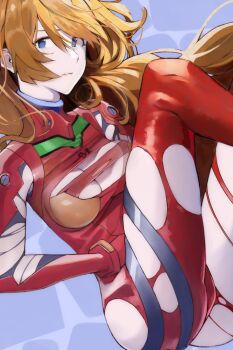 Rule 34 | 1girl, alternate hair length, alternate hairstyle, blue eyes, bodysuit, breasts, breasts squeezed together, brown hair, cleavage, evangelion: 3.0+1.0 thrice upon a time, hair down, hair over one eye, highres, lips, long hair, looking at viewer, mecha pilot suit, neon genesis evangelion, plugsuit (evangelion), rebuild of evangelion, red bodysuit, shiny clothes, shiny skin, smile, solo, souryuu asuka langley, torn bodysuit, torn clothes, upper body, very long hair, wide hips, yagisawa teru