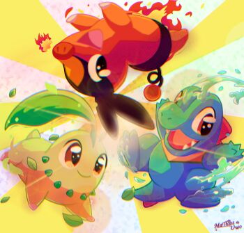 chikorita closed_mouth fangs fire gen_2_pokemon gen_5_pokemon highres leaf mathios_uwo nintendo no_humans open_mouth pokemon pokemon_(creature) pokemon_focus pokemon_legends:_z-a red_eyes sharp_teeth smile starter_pokemon_trio tail teeth tepig totodile upside-down water