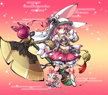 animal_ear_hood animal_hands axe bangle bare_shoulders belt black_bow black_camisole bloomers blush bow bracelet camisole child closed_mouth commentary_request company_name copyright_logo copyright_name copyright_notice dango drill_hair eating fake_animal_ears food full_body gloves highres himegami_kagura holding holding_axe holding_food hood hood_up huge_weapon jewelry leg_ribbon licking_lips logo long_hair momoto_(himegami_kagura) ms06s navel official_art paw_gloves pink_hair pink_ribbon pink_skirt ribbon sidelocks skirt standing tongue tongue_out underwear wagashi weapon white_hood