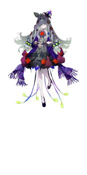 1girl black_shoes blush bridal_gauntlets bukurote cone_hair_bun dress fate/grand_order fate_(series) flora_(fate) flower full_body game_cg gradient_hair green_hair grey_dress grey_eyes grey_hair hair_bun hair_flower hair_ornament highres long_hair looking_at_viewer monocle multicolored_hair official_art outline purple_scarf scarf shoes smile solo standing standing_on_one_leg symbol-shaped_pupils tachi-e third-party_source transparent_background white_outline