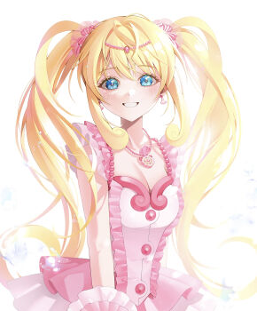 1girl absurdres bead_necklace beads blonde_hair bloom blue_eyes breasts cleavage commentary dress earrings flipped_hair flipped_sidelocks frilled_dress frilled_straps frills grin hair_ornament head_chain highres jewelry light_blush long_hair looking_at_viewer medium_breasts mermaid_melody_pichi_pichi_pitch nanami_lucia nanami_lucia_(super_idol) necklace pink_dress pote_(castalia20) shell shell_earrings shell_necklace simple_background sleeveless sleeveless_dress smile solo sparkling_eyes symbol-only_commentary tareme twintails upper_body very_long_hair white_background