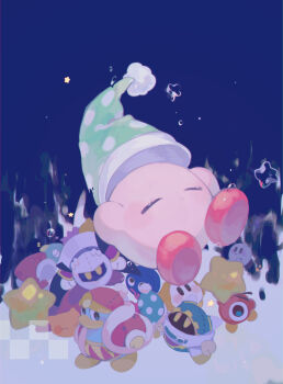 absurdres blue_background closed_eyes colored_skin commentary_request copy_ability crying falling gooey_(kirby) green_hat hat hat_loss highres kananishi kine_(kirby) king_dedede kirby kirby_(series) light_blush magolor meta_knight night nightcap nintendo no_humans parted_lips pink_skin polka_dot_headwear pom_pom_(clothes) red_shoes scarfy shadow_kirby shoes sky sleep_kirby sleeping solo star_(symbol) stuffed_star stuffed_toy teardrop two-sided_fabric two-sided_headwear two-tone_background waddle_dee waddle_doo white_background white_hat