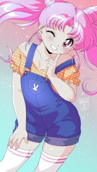 Rule 34 | 1girl, bishoujo senshi sailor moon, chibi usa, collarbone, cone hair bun, danmakuman, double bun, finger to mouth, hair bun, highres, orange shirt, overalls, pink hair, polka dot, polka dot shirt, red eyes, shirt, smile, solo, thighhighs, twintails, zettai ryouiki