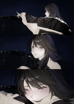 1girl black_hair black_jacket blush city_lights closed_eyes commentary commentary_request english_commentary grey_eyes highres index_finger_raised jacket long_sleeves looking_at_viewer medium_hair mole_beside_mouth multicolored_jacket night ocean open_mouth original outdoors oyun_tya pale_skin pointing pointing_forward portrait sequential smile twitter_username two-tone_jacket white_jacket