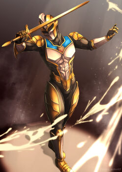 Rule 34 | 1boy, absolute titan, alien, arm blade, armor, breastplate, commentary request, full armor, gold armor, gold helmet, highres, holding, holding sword, holding weapon, long sword, male focus, partial commentary, piaceen3870, sword, tokusatsu, ultra galaxy (series), ultra galaxy fight: the destined crossroad, ultra series, weapon