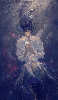 Rule 34 | 1boy, air bubble, blue hair, bubble, chaoxibumian, closed mouth, collared shirt, cowboy shot, fins, fish tail, head fins, highres, light smile, long hair, love and deepspace, male focus, merman, midriff peek, monster boy, own hands together, parted bangs, rafayel (love and deepspace), shirt, solo, tail, underwater, white shirt