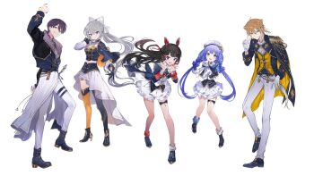 Rule 34 | 2boys, 3girls, :d, aiguillette, animal ear headphones, animal ears, ankle boots, aqua eyes, arm up, asymmetrical footwear, beret, black hair, blonde hair, blue boots, blue bow, blue cape, blue eyes, blue gloves, blue hair, blue jacket, blue shirt, blue shoes, blue skirt, blue thighhighs, boots, bow, braid, cape, epaulettes, fake animal ears, fold-over boots, frilled skirt, frills, fushimi gaku, gloves, gold trim, green eyes, grey hair, grin, hair between eyes, hair bow, hair ribbon, half up braid, hand up, hands up, hat, headphones, high heel boots, high heels, higuchi kaede, idol clothes, jacket, kenmochi touya, layered shirt, layered skirt, long hair, long sleeves, looking at viewer, low ponytail, low twin braids, midriff, miniskirt, mismatched footwear, mismatched thighhighs, multiple boys, multiple girls, multiple thigh straps, nijisanji, nijisanji idol uniform, official art, open mouth, orange cape, orange thighhighs, pants, pointing, pointing at viewer, ponytail, purple eyes, purple hair, purple jacket, rabbit ear headphones, rabbit ears, red ribbon, ribbon, second-party source, shirt, shoes, short hair, showgirl skirt, side cape, simple background, single epaulette, skirt, sleeve cuffs, smile, standing, suou (sdurorhr), tassel, thigh strap, thighhighs, transparent background, tsukino mito, twin braids, two-sided cape, two-sided fabric, two-sided jacket, v, very long hair, vest, virtual youtuber, white bow, white gloves, white hat, white overskirt, white pants, white shirt, white skirt, yellow cape, yellow eyes, yellow vest, yuuki chihiro