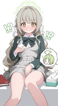 !? 1girl @_@ absurdres ahoge blue_archive blush bow breasts caught female_masturbation grabbing_own_breast green_halo halo highres jacket long_hair masturbation masturbation_through_clothes miyo_(blue_archive) ritsu_(blue_archive) shijima_(shijima_tc)