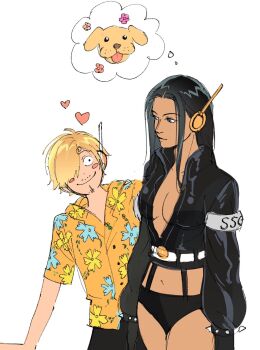 Rule 34 | 1boy, 1girl, 2023, black hair, blonde hair, blue eyes, blush, cropped jacket, dark-skinned female, dark skin, dog, hair over one eye, hawaiian shirt, highres, imagining, jacket, leather, leather jacket, long hair, looking at another, navel, nico robin, nico robin (egghead), official alternate costume, one piece, radio antenna, sanji (one piece), sanji (one piece) (egghead), shirt, simple background, sketch, smile, speech bubble, spiked cuffs, sweepswoop, thought bubble, white background
