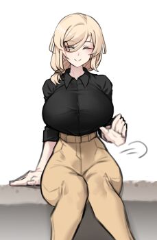 Rule 34 | 1girl, absurdres, black shirt, blonde hair, breasts, brown pants, closed eyes, collared shirt, hair ornament, hair over shoulder, hairclip, hand on bench, high-waist pants, highres, huge breasts, k0ng, lap pillow invitation, long hair, long sleeves, looking at viewer, merc-san (k0ng), on bench, original, pants, puff of air, shirt, sidelocks, simple background, sitting, smile, solo, swept bangs, white background