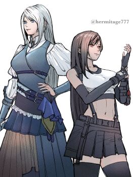 2girls adjusting_clothes adjusting_gloves bare_shoulders black_gloves black_hair black_skirt black_sports_bra black_thighhighs blue_eyes blue_vest breasts closed_mouth commentary_request cowboy_shot crop_top elbow_gloves final_fantasy final_fantasy_vii final_fantasy_vii_remake final_fantasy_xvi fingerless_gloves gloves grey_hair ha_lu77 hand_on_own_hip highres in-franchise_crossover jill_warrick large_breasts long_hair midriff miniskirt multiple_girls navel puffy_sleeves red_eyes shirt simple_background skirt sports_bra suspender_skirt suspenders tank_top thighhighs tifa_lockhart twitter_username vest white_background white_shirt white_tank_top zettai_ryouiki