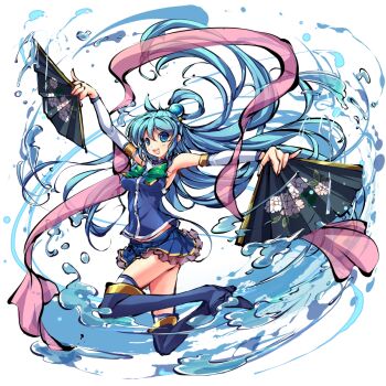 Rule 34 | 1girl, :d, aqua (konosuba), arm up, armpits, blue boots, blue eyes, blue hair, blue shirt, blue skirt, blush, boots, bow, bowtie, breasts, crossover, detached sleeves, folding fan, green bow, green bowtie, hagoromo, hair between eyes, hair ornament, hair rings, hand fan, highres, himegami kagura, holding, holding fan, kono subarashii sekai ni shukufuku wo!, large breasts, long hair, looking at viewer, miniskirt, ms06s, official art, open mouth, outstretched arms, pleated skirt, second-party source, shawl, shirt, sidelocks, simple background, single hair ring, skirt, smile, solo, sphere hair ornament, spread arms, teeth, thigh boots, thighhighs, thighhighs under boots, thighs, upper teeth only, very long hair, white background