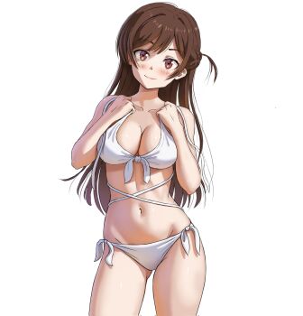 Rule 34 | 1girl, bikini, blush, braid, breasts, brown eyes, brown hair, cleavage, closed mouth, collarbone, commentary, cowboy shot, english commentary, front-tie bikini top, front-tie top, gluteal fold, groin, hair intakes, half up half down braid, halterneck, hands up, highres, josival, kanojo okarishimasu, large breasts, long hair, looking at viewer, lowleg, lowleg bikini, mizuhara chizuru, multi-strapped bikini top, navel, one side up, side-tie bikini bottom, simple background, solo, string bikini, swimsuit, untied bikini top, white background, white bikini