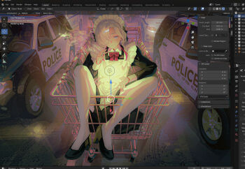 1girl apron art_program_in_frame between_fingers black_shoes blender_(medium) blender_(software) car character_name cigarette commentary cute_mdr dim_lighting english_commentary english_text fake_screenshot formal_clothes full_body highres holding holding_cigarette isekaijoucho kamitsubaki_studio long_sleeves looking_at_viewer maid maid_apron maid_headdress motor_vehicle outdoors parking_lot police police_car road shirt shoes shopping_cart short_hair sitting smoke smoke_trail smoking solo user_interface virtual_youtuber window_(computing)