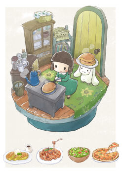 ._. 1girl absurdres bag basket blunt_bangs blush_stickers book bottle bowl brown_hair cabinet carrying_overhead chamaji chibi coffee_pot commentary_request container cookie cooking cup door doorway dress drinking_glass dripping english_text floral_print food fork french_toast frying_pan highres kitchen knife medium_hair melting object_on_head original pancake pasta pizza plate rabbit rug salad smile solid_oval_eyes spaghetti spoon steam stove towel trash_can wooden_door wooden_floor