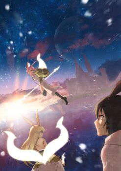 3girls back bare_back bare_shoulders black_hair blonde_hair breasts dress fate/grand_order fate_(series) flying highres hildr_(fate) hirunagi holding holding_lance holding_polearm holding_shield holding_weapon lance light long_hair mountain multiple_girls ortlinde_(fate) pink_hair pointy_ears polearm red_eyes shield short_hair sky smile sunrise thrud_(fate) valkyrie_(fate) weapon wings