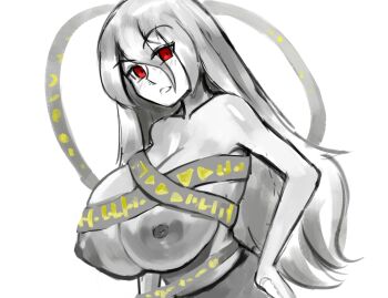 Rule 34 | 103anon, 1girl, breasts, commentary request, hand on own hip, highres, huge breasts, long hair, looking at viewer, nipples, red eyes, sash, spot color, topless female, touhou, upper body, very long hair, yuiman asama