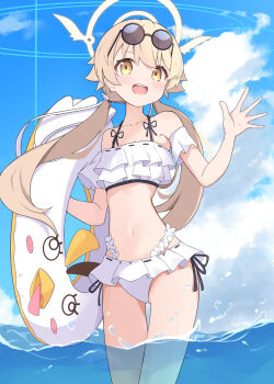 absurdres bikini blue_archive blue_sky brown_eyes brown_hair brown_halo cloud cloudy_sky commentary_request eyewear_on_head halo hifumi_(blue_archive) hifumi_(swimsuit)_(blue_archive) highres holding holding_swim_ring innertube ocean open_mouth sky splashing sunglasses swim_ring swimsuit twintails wading water white_bikini yoi0341