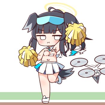 +++ 1girl :i armpits bare_arms black_hair blank_eyes blue_archive blunt_bangs blush breasts cheerleader chibi chibi_only closed_mouth commentary_request detached_collar drone eyewear_on_head goggles halo hana_kazari hibiki_(blue_archive) hibiki_(cheer_squad)_(blue_archive) highres holding holding_pom_poms long_hair looking_at_viewer navel nipples official_alternate_costume pleated_skirt pom_pom_(cheerleading) pom_poms shoes simple_background skirt solo standing standing_on_one_leg white_background white_shoes white_skirt yellow_halo