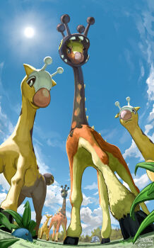 big_nose black_eyes blue_sky bright_pupils commentary day donphan english_commentary eyelashes farigiraf from_below gen_1_pokemon gen_2_pokemon girafarig highres hooves looking_at_viewer mcgmark nintendo no_humans oddish orange_fur painterly pokemon pokemon_(creature) pokemon_focus pov signature sky sun white_pupils yellow_fur