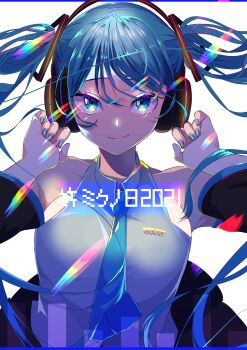 1girl aqua_hair aqua_nails aqua_necktie aqua_trim black_skirt blush breasts closed_mouth collarbone collared_shirt detached_sleeves hair_between_eyes hair_ornament hatsune_miku headset highres long_hair long_sleeves looking_at_viewer medium_breasts necktie shirt signature simple_background skirt sleeveless sleeveless_shirt smile solo twintails very_long_hair vocaloid white_background white_shirt zarame_yuki