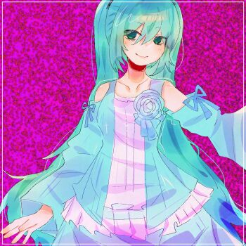 aqua_dress aqua_eyes aqua_hair bags_under_eyes bare_shoulders blue_flower blue_rose clothing_cutout collarbone dress dress_flower empty_eyes evil_smile evillious_nendaiki false_smile flower frilled_dress frills green_eyes hatsune_miku head_tilt highres long_hair looking_at_viewer margarita_blankenheim nemurase_hime_kara_no_okurimono_(vocaloid) neon_palette ng_huy_hoang pink_background rose shoulder_cutout smile static very_long_hair vocaloid wide_sleeves