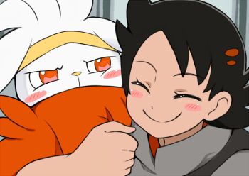 1boy animal_ears arm_hug black_hair blush closed_eyes cu-sith dark-skinned_male dark_skin embarrassed gen_8_pokemon goh_(pokemon) grey_shirt looking_at_another nintendo pokemon pokemon_(anime) pokemon_journeys rabbit_ears raboot scene_reference shirt short_hair smile upper_body