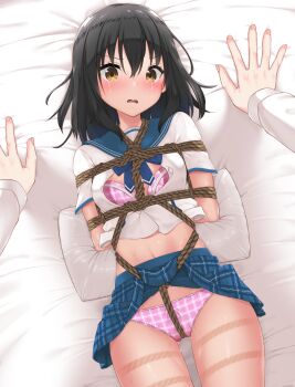 1boy 1girl absurdres akatsuki_kojou annoyed arms_behind_back bdsm bed bed_sheet belly between_breasts between_legs between_thighs black_hair blue_neckerchief blue_skirt blush bondage bound bound_arms bound_breasts bound_torso bra breast_bondage breasts brown_eyes checkered_clothes cleavage clothes_lift commission commissioner_upload crotch_rope crying crying_with_eyes_open embarrassed female_focus formal_clothes glaring gluteal_fold hair_between_eyes highres himeragi_yukina jacket legs long_hair long_sleeves looking_at_another looking_at_viewer looking_up lying midriff midriff_peek neckerchief nekomushi on_back on_bed open_clothes open_mouth open_shirt out-of-frame_character out_of_frame out_of_frame_male outstretched_arms panties parted_lips pelvic_curtain pelvic_curtain_lift pillow pink_bra pink_panties plaid_bra plaid_clothes plaid_panties plaid_skirt pleated_skirt rope_marks sailor_collar sailor_shirt shibari shibari_over_clothes shirt short_sleeves sidelocks skeb_commission skindentation skirt skirt_lift small_breasts solo_focus stomach strike_the_blood striped_bra striped_clothes striped_panties sweat sweatdrop tearing_up tears thigh_gap thighs tongue unbuttoned unbuttoned_shirt underwear white_jacket white_shirt
