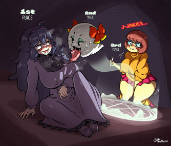 3girls ahoge biting_own_lip black_background blush boo_(mario) bow_(paper_mario) breasts brown_hair covered_erect_nipples crossover dress eyeshadow glasses hair_ribbon hairband heavy_breathing hex_maniac_(pokemon) hex_maniac_(pokemon_xy) highres joao_pereira large_breasts long_dress long_sleeves makeup mario_(series) messy_hair miniskirt multiple_girls nintendo open_mouth orange_sweater paper_mario pentagram pleated_skirt pokemon pokemon_xy purple_dress purple_hair red_skirt ribbon saliva saliva_trail scooby-doo simple_background skirt smile socks sweat sweater tongue tongue_out velma_dinkley yellow_socks