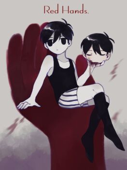 2boys antenna_hair arm_support black_eyes black_hair black_socks blood blood_on_face blood_on_hands closed_mouth collarbone colored_skin commentary decapitation double-parted_bangs english_text expressionless hair_between_eyes highres kneehighs korean_commentary male_focus multiple_boys omo_taru omori omori_(omori) short_hair shorts sitting socks striped_clothes striped_shorts sunny_(omori) vertical-striped_clothes vertical-striped_shorts white_shorts white_skin