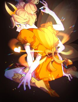 1girl absurdres blonde_hair boots bow dress extra_arms facial_mark fairy_wings fake_horns golden_star_butterfly hairband heart heart_cheeks heart_facial_mark highres horn_hairband horned_headwear horns marking_on_cheek markings_on_cheeks mea_mewni solo star_butterfly star_vs_the_forces_of_evil wings