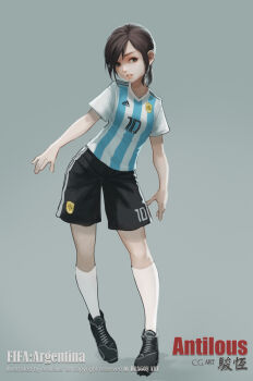1girl 2018_fifa_world_cup adidas antilous argentina argentinian_flag argentinian_flag_print black_shorts brown_hair female_focus flag_print full_body grey_background grey_eyes numbers'_uniform open_mouth original shirt shoes short_hair short_sleeves shorts simple_background smile sneakers soccer soccer_uniform solo sportswear striped_clothes striped_shirt vertical-striped_clothes vertical-striped_shirt watermark white_legwear world_cup