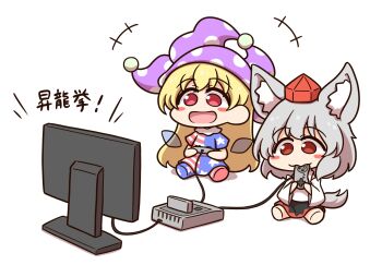 2girls :d american_flag_dress animal_ear_fluff animal_ears blonde_hair blush_stickers chewing chibi clothing_request clownpiece controller game_controller grey_hair hat highres holding holding_controller holding_game_controller inubashiri_momiji jester_cap long_hair long_sleeves medium_hair multiple_girls open_mouth playing_games red_eyes red_hat shitacemayo short_sleeves simple_background sitting smile star_(symbol) tail tareme tokin_hat touhou translated very_long_hair white_background wide_sleeves wolf_ears wolf_girl wolf_tail