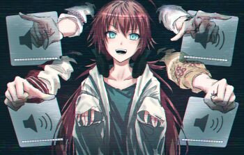 5girls asahi_rokka bang_dream! bang_dream!_girls_band_party! blue_eyes brown_hair collarbone commentary disembodied_hand headphones headphones_around_neck highres jacket long_hair long_sleeves looking_at_viewer mac_os multiple_girls nyubara_reona open_clothes open_jacket raise_a_suilen sato_masuki sleeves_past_wrists solo_focus sound_volume_control static tamade_chiyu teeth volume_symbol wakana_rei white_jacket yukitake_(bullfalk)