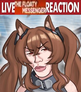 Rule 34 | 1girl, absurdres, angelina (arknights), animal ears, arknights, arknights: endfield, bare shoulders, brown hair, cheekbones, commentary, dress, english commentary, english text, fox ears, fox girl, gilberta (arknights), grey dress, hair between eyes, high collar, highres, kazuya guy (meme), lips, live tucker reaction (meme), long hair, long sidelocks, looking at viewer, meme, mintmosse, nose, red eyes, sidelocks, solo, sunken cheeks, thick lips, twintails, upper body