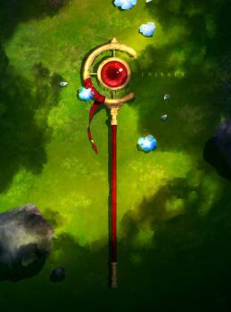 Rule 34 | blue flower, commentary, copyright name, flower, grass, highres, mage staff, no humans, on ground, outdoors, panpan mga, petals, sousou no frieren, staff