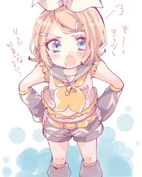 1girl angry annoyed aoi_choko_(aoichoco) bare_shoulders belt blonde_hair blue_eyes blush bow breasts detached_sleeves fang female_focus frilled_shirt frills frown hair_bow hair_ornament hairclip hands_on_own_hips headphones headset highres kagamine_rin leaning_forward leg_warmers looking_at_viewer open_mouth puff_of_air sailor_collar shirt shorts sketch sleeveless sleeveless_shirt small_breasts solo vocaloid