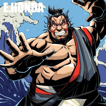 Rule 34 | 1boy, abs, arms up, bare pectorals, bare shoulders, black hair, commentary request, cowboy shot, e. honda, facepaint, fine art parody, grey eyes, highres, kanagawa okinami ura, kumo33, looking at viewer, male focus, multicolored clothes, muscular, muscular male, ocean, parody, pectorals, robe, street fighter, street fighter 6, sumo, thick eyebrows, topknot, waving