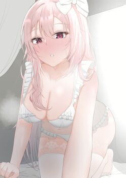 Rule 34 | 1girl, absurdres, all fours, ass, blush, bow, bra, breasts, cleavage, clenched hand, collarbone, commentary request, eyelashes, eyes visible through hair, frilled bra, frilled panties, frills, hair between eyes, hair bow, hair intakes, hair over shoulder, harumi ena, heart, heart in eye, highres, indoors, large breasts, limelight lemonade jam, long hair, looking at viewer, navel, no shoes, nose blush, on bed, panties, parted lips, pink hair, red eyes, sidelighting, solo, sweat, symbol in eye, tauiteitoku, thighhighs, thighs, toes, underwear, underwear only, very long hair, white bow, white bra, white panties, white thighhighs