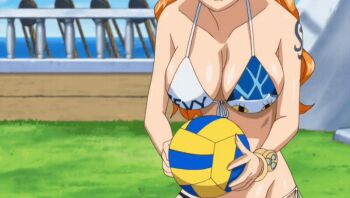 10s 1girl 2016 animated animated_gif anime_screenshot ball bikini bouncing_breasts breasts cleavage curvy flower hair_ornament holding holding_ball large_breasts long_hair nami_(one_piece) one_piece one_piece_special:_episode_0 orange_hair playing_sports shiny_skin swimsuit tagme tattoo thong thong_bikini volleyball_(object) volleyball_(sport) wide-eyed wide_hips