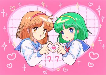 2girls blue_eyes blue_sailor_collar brown_eyes brown_hair commentary_request dated dual_persona green_hair hairband heart heart_hands heart_hands_duo heart_in_heart_hands highres looking_at_viewer looking_to_the_side medium_hair multiple_girls nanako_(nanako_sos) nanako_sos neckerchief nka_46 open_mouth red_hairband red_neckerchief sailor_collar school_uniform serafuku smile white_neckerchief yellow_hairband
