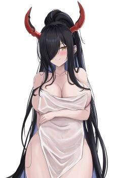 1girl absurdres alternate_costume alternate_hair_color alternate_hairstyle azur_lane bare_shoulders black_hair blush breasts chinese_commentary cleavage closed_mouth collarbone colored_inner_hair commentary covered_navel cowboy_shot friedrich_der_grosse_(azur_lane) hair_on_horn hair_over_one_eye high_ponytail highres holding holding_towel horns huge_breasts long_hair looking_at_viewer mechanical_horns multicolored_hair naked_towel ponytail purple_hair purple_streaks red_horns shin69 sidelocks simple_background smile solo thighs towel very_long_hair white_background yellow_eyes