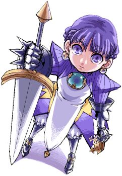 1girl armor armored_dress atlus bad_id bad_pixiv_id bloomers boots braid crown dress earrings expressionless female_focus french_braid from_above full_body gauntlets gem gloves gold_crown gradriel gradriel_de_valendia greaves huge_weapon jewelry knee_boots kotomozou oekaki princess_crown purple_eyes purple_hair short_hair solo sword underwear weapon white_bloomers