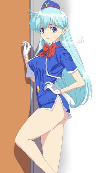 1girl against_wall artist_name ass blue_eyes blue_hair breasts door from_side gloves hand_on_own_hip highres large_breasts long_hair nori_(norimakigumo) tenjouin_katsura thick_thighs thighs yat_anshin_uchuu_ryokou